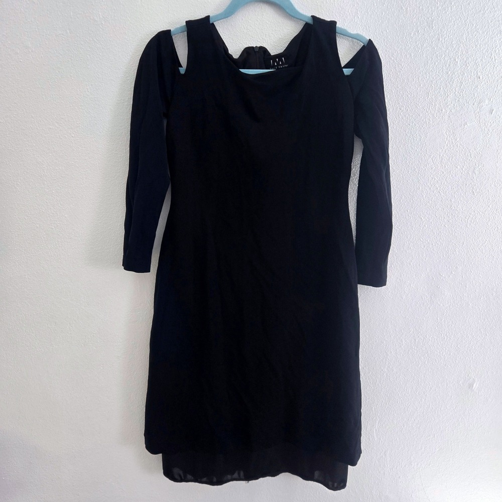 David Meister Black Cold Shoulder Long Sleeve Layered Hem Sheath Dress Siz 6 LBD